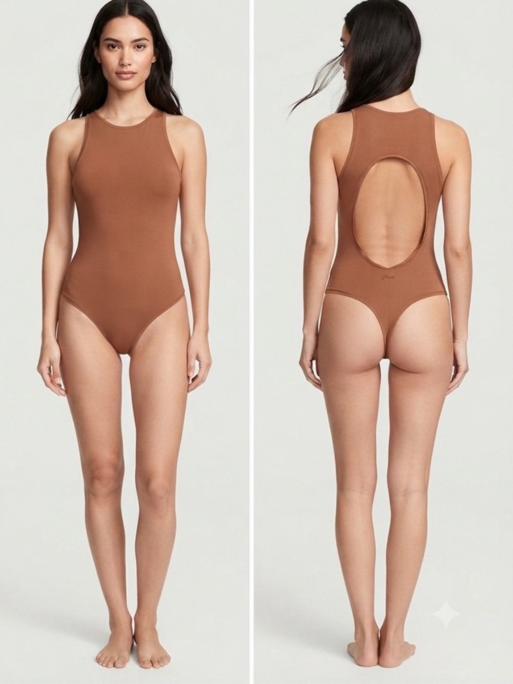 PINK Victoria's Secret Brown High-Neck Open-Back Thong Bodysuit
